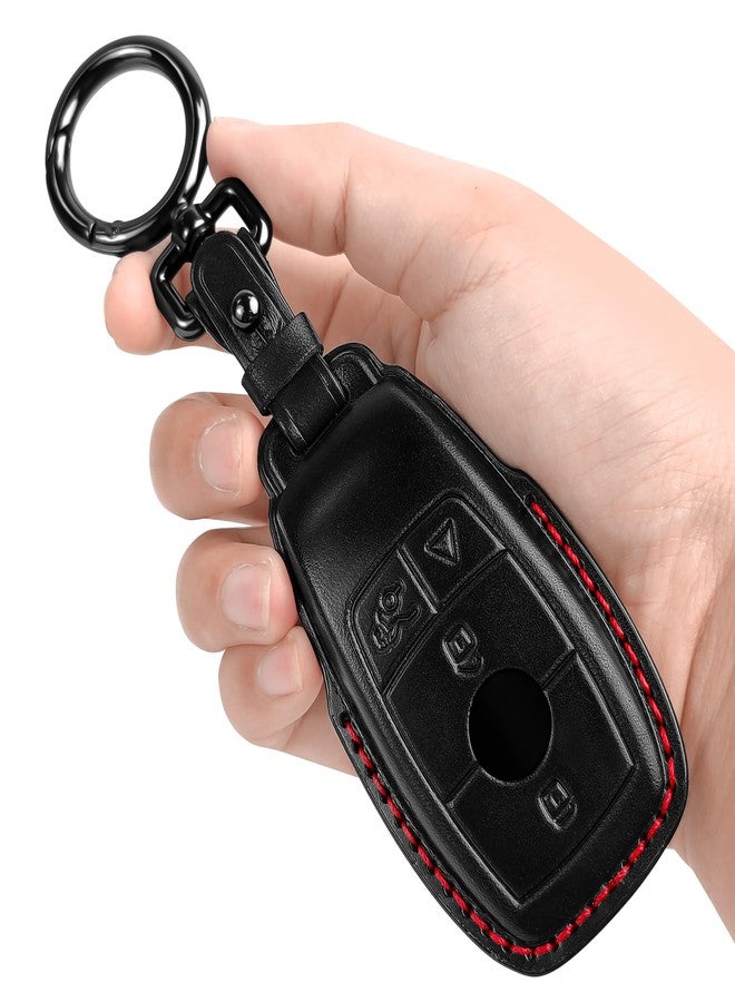 Tukellen for Mercedes Benz key fob cover Genuine Leather with keychain,Leather Protector Key case compatible with 2017-2023 E-Class 2018-2021 S-Class 2019-2023 A-Class C-Class G-Class-Black (Red line) - Image 1
